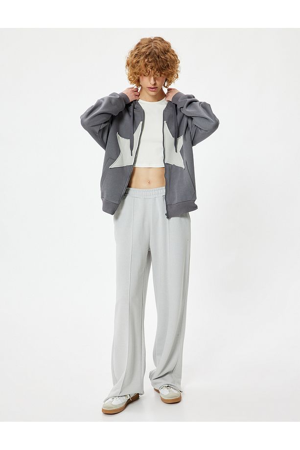Şardonlu Oversize Fermuarlı Sweatshirt Yıldız Işlemeli Kanguru Cepli - 2