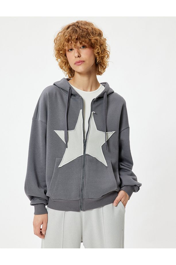 Şardonlu Oversize Fermuarlı Sweatshirt Yıldız Işlemeli Kanguru Cepli - 3