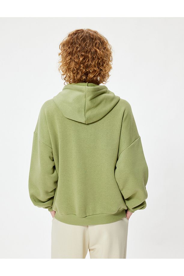 Oversize Fermuarlı Sweatshirt Kapüşonlu Yıldız İşlemeli Cep Detaylı Şardonlu - 4