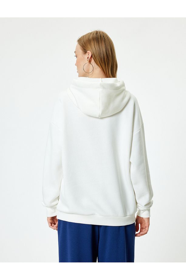 Oversize Kapüşonlu Sweatshirt Kolej İşlemeli Uzun Kollu Şardonlu - 4