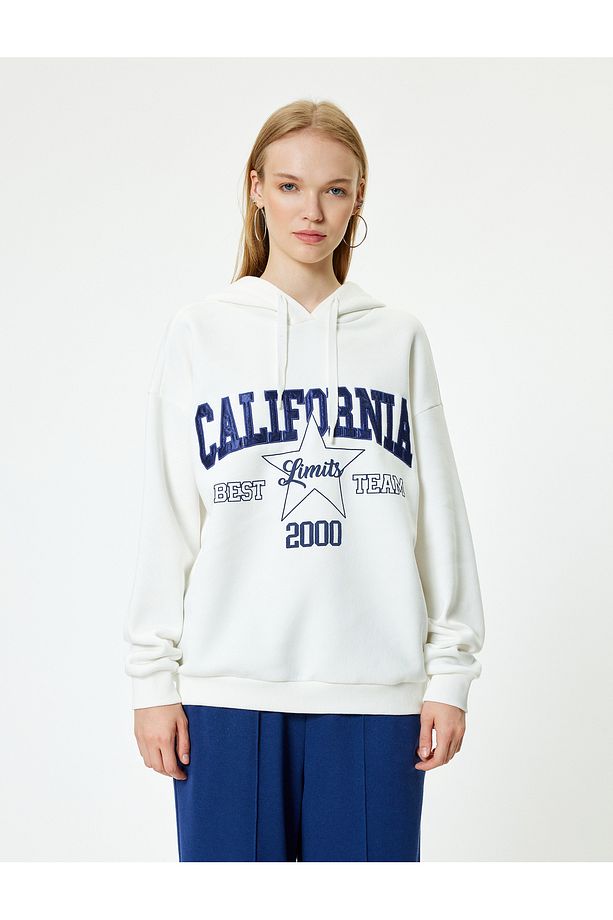 Oversize Kapüşonlu Sweatshirt Kolej İşlemeli Uzun Kollu Şardonlu - 3