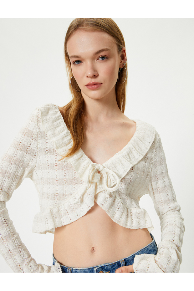Madonna Collar Off-The-Shoulder Blouse Crop Openwork Lacing Detail Ruffles
