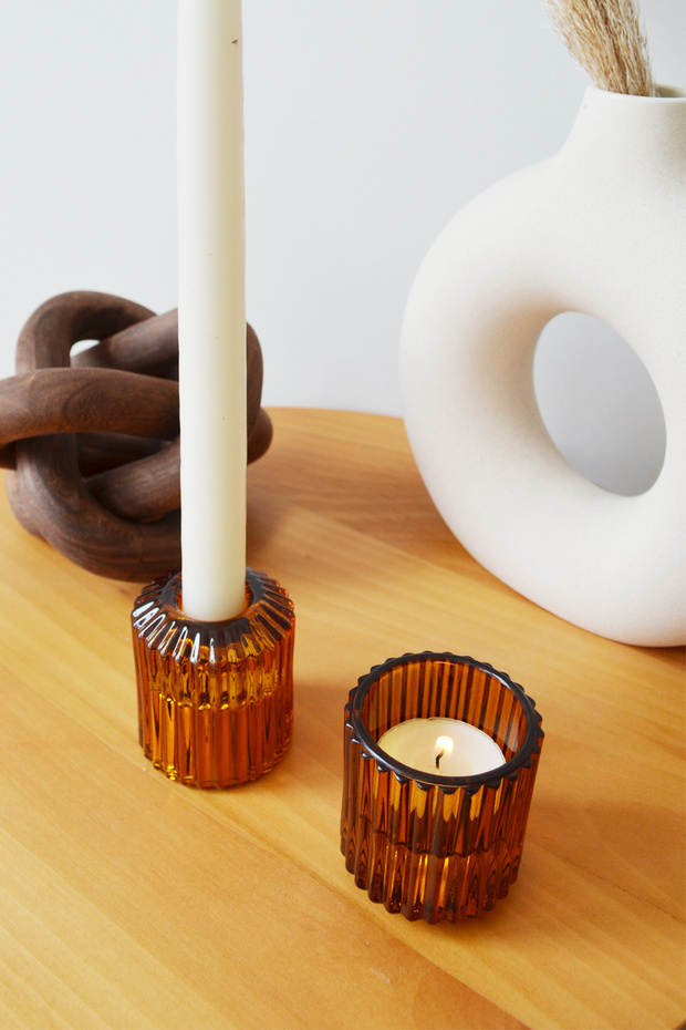 Cam Amber Şamdan Mumluk, 2 li Set Çift Taraflı - 2