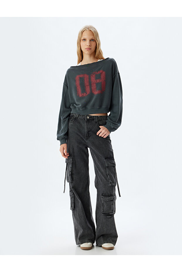 Crop Oversize College Printed Boat Neck Sweatshirt