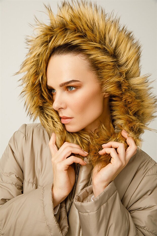 Wolf Kürklü Kapitone Şişme Manto-Taş - 4