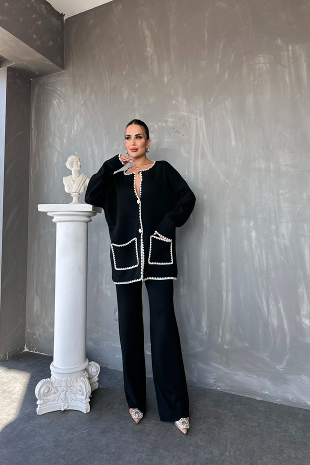 Crew Neck Double Jacket Trousers Knitwear Set