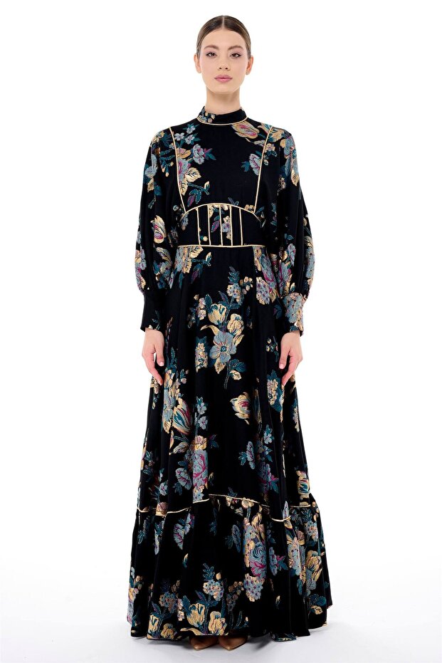 Corset Detail Jacquard Dress Black