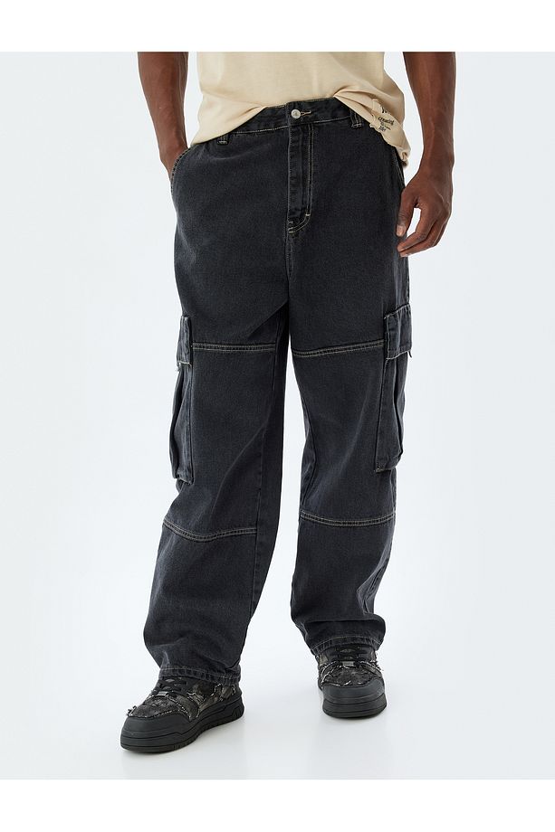 Cep Detaylı Pamuklu Oversize Kargo Kot Pantolon - 3