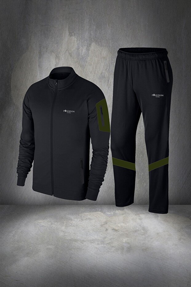 Plus Size Men's Black Custom Supra Combed Cotton Pocket Zipper Sport Tracksuit Set 4Xl-10Xl