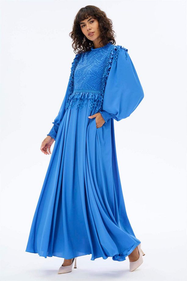Yaprak Detaylı Romantik Elbise Saks - 5