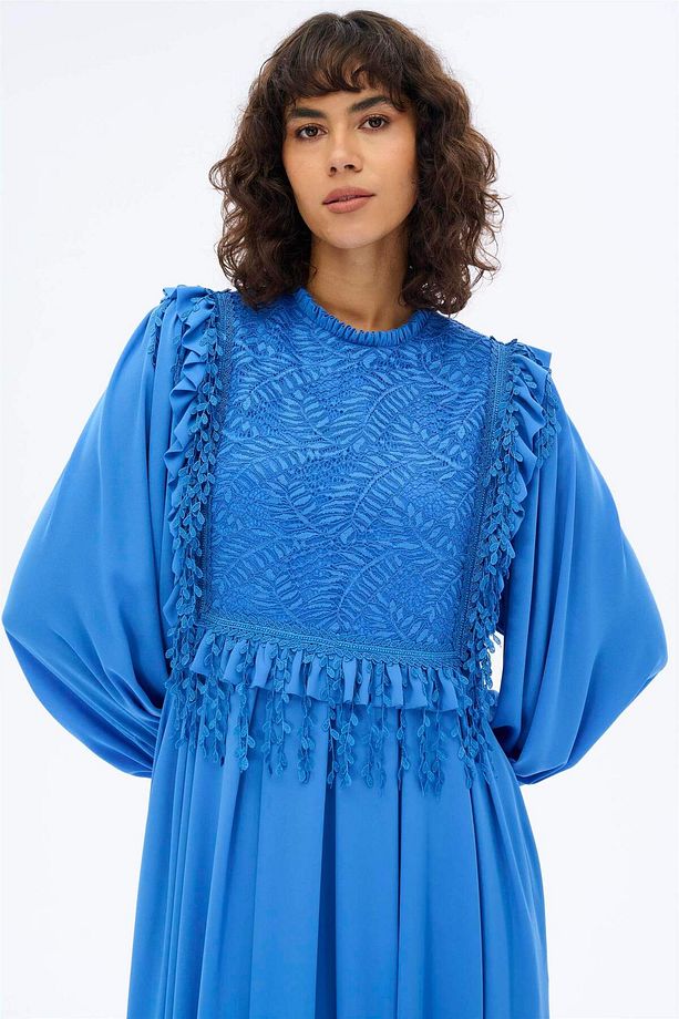 Yaprak Detaylı Romantik Elbise Saks - 6