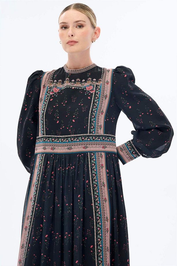 ŞERİT DESENLİ PANO ELBİSE Siyah - 5