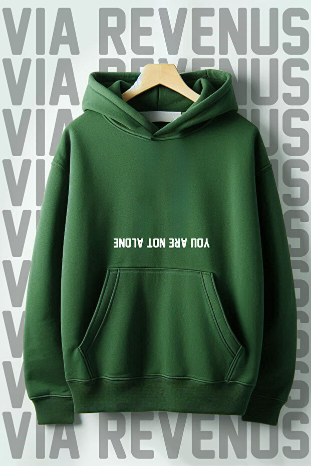 You Are Not Alone Printed Kangaroo Pocket 3 Thread Raster Wide Fit Hooded Sweatshirt