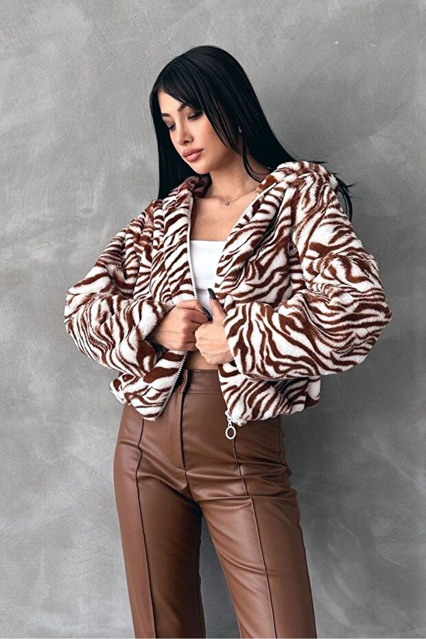 Leopard Patterned Pejuş Coat - Tan Zebra | | F1654