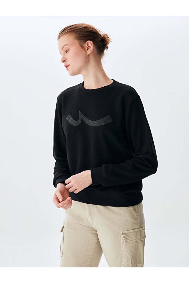 Düz Sıfır Yaka Uzun Kollu Basıc Siyah Sweatshırt - 4