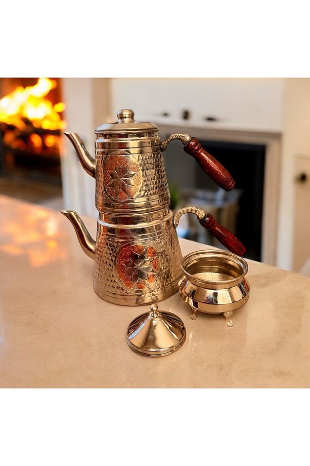 Bakır Çaydanlık Bakır Şekerlik Gümüş Renk Takım El Yapımı Dövme Bakır Aile Boy Büyük Çaydanlık - 5