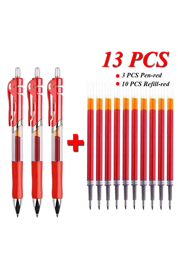 13pcs Red Set 13Pcs Set Ballpen Retractable Gel Pens Black Red Blue Ink 0.5mm Ballpoint Replaceable