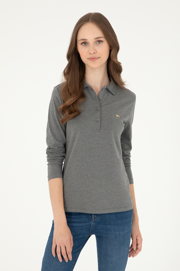 Women's Anthracite Melange Basic Polo Neck Sweatshirt 50296941-Vr081