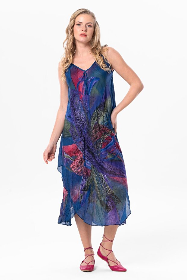 Cobalt Blue Plaid Midi Summer Dress - Strappy Aphrodite Voile 6209