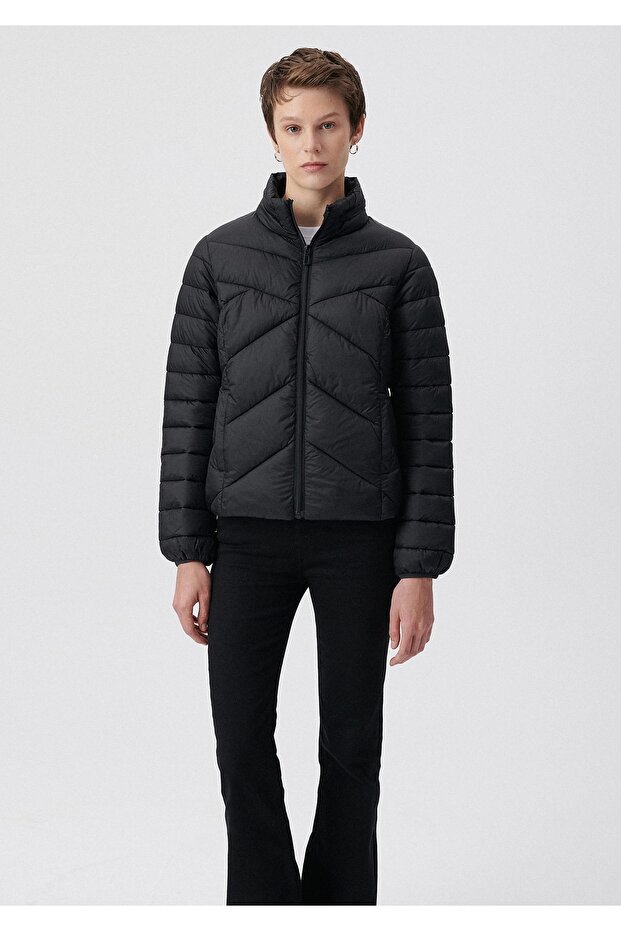 Dik Yaka Siyah Şişme Mont - 3