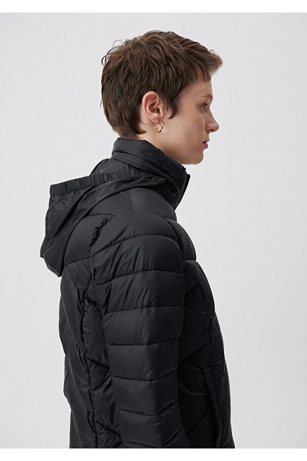 Dik Yaka Siyah Şişme Mont - 5