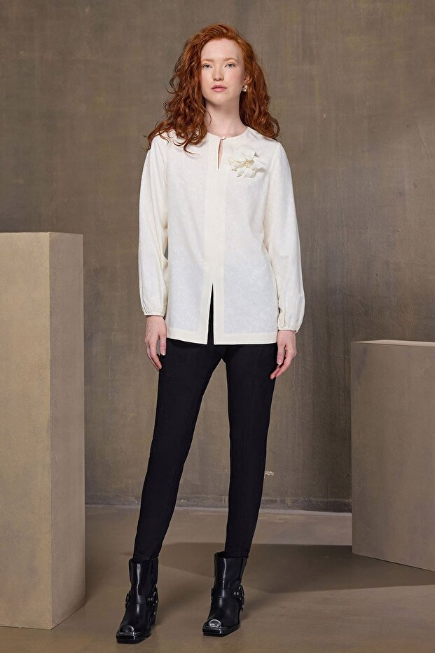 Jakarlı Bluz Ekru - 2