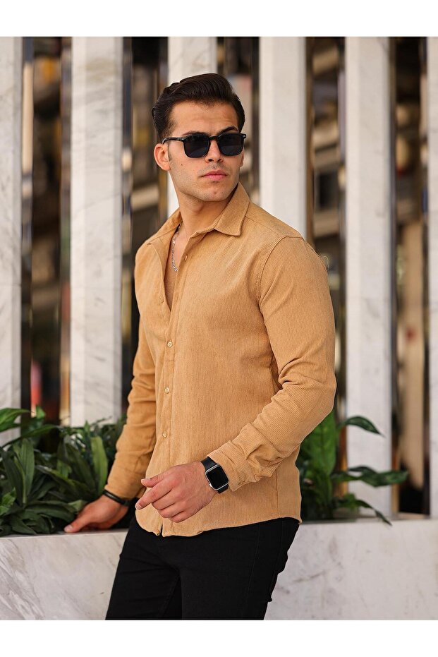 قميص مخملي سادة منقوش - بيج - 1