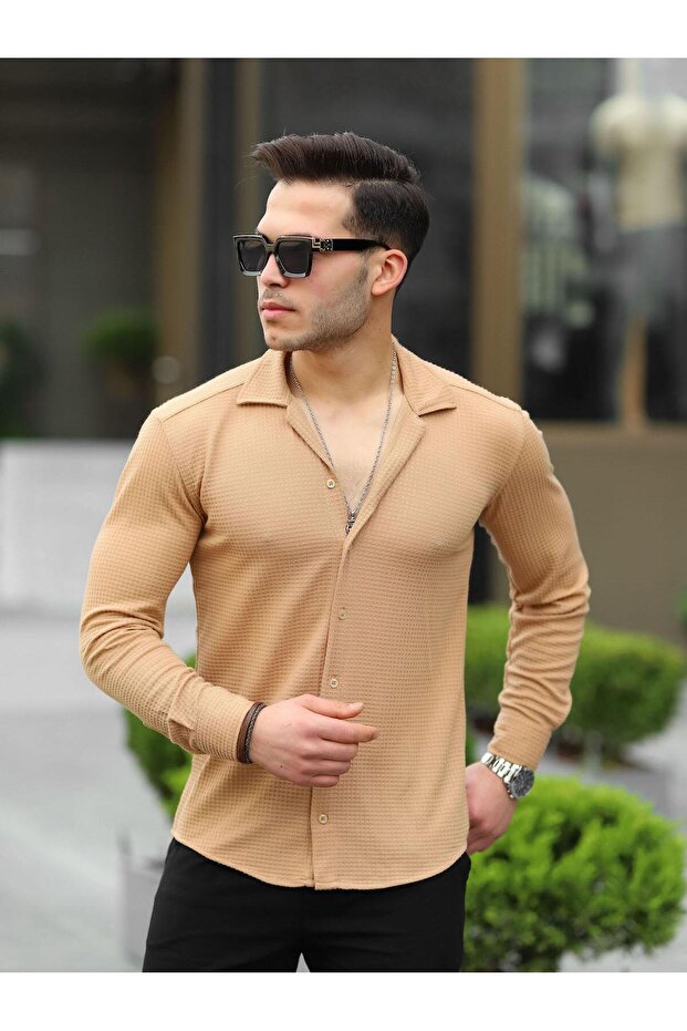 Gofret Desen Gömlek - Bej - 2