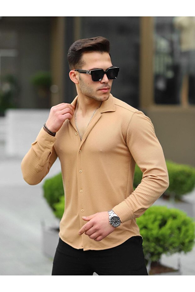 Gofret Desen Gömlek - Bej - 1