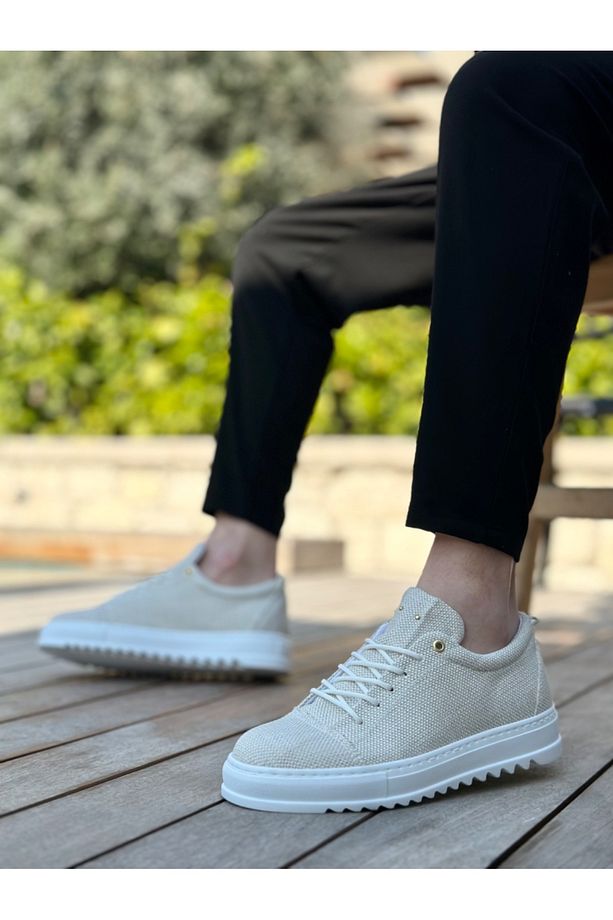 BA0152 Bağcıklı Yüksek Taban Krem Keten Erkek Ayakkabı - 6