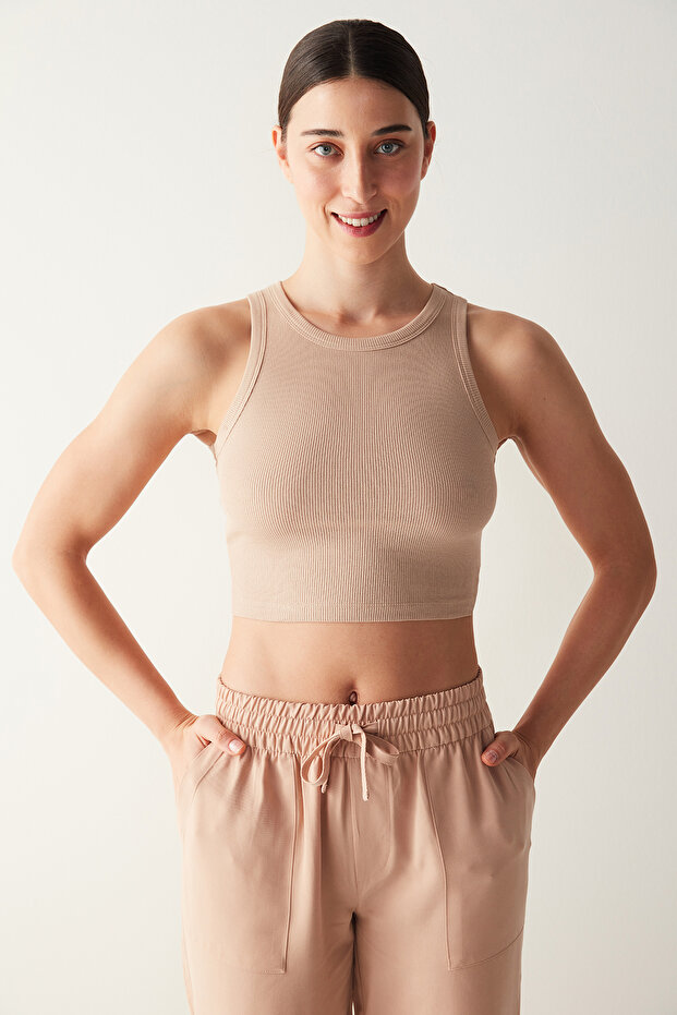 Beige Halter Neck Corded Crop Tank Top