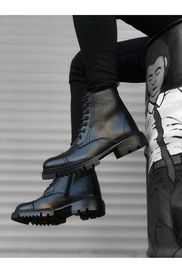 BA0187 Inside and Outside Genuine Leather Black Men's Zippered Ankle Boots