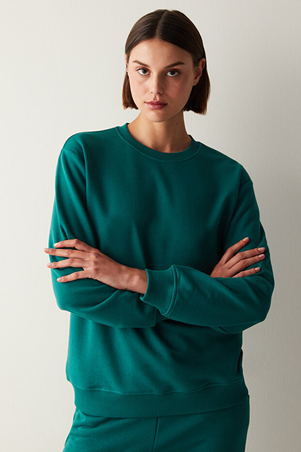 Yeşil Bisiklet Yaka Oversize Basic Sweatshirt - 2