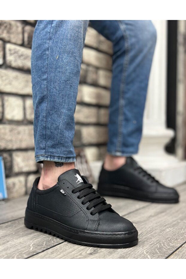 BA0323 BOA Kalın Tırtık Yüksek Siyah Taban Siyah Bağcıklı Spor Erkek Ayakkabı - 1