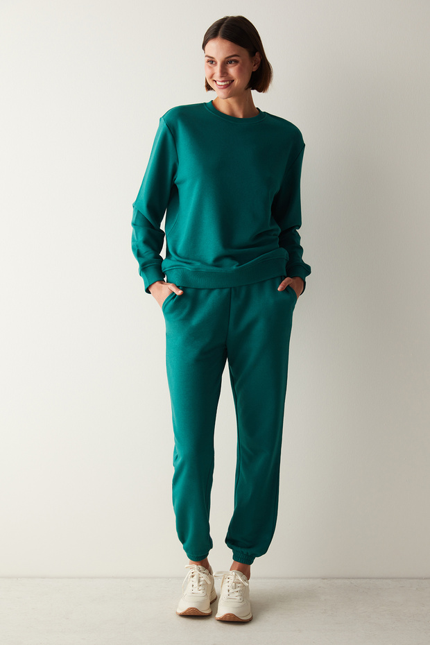 Yeşil Bisiklet Yaka Oversize Basic Sweatshirt - 1