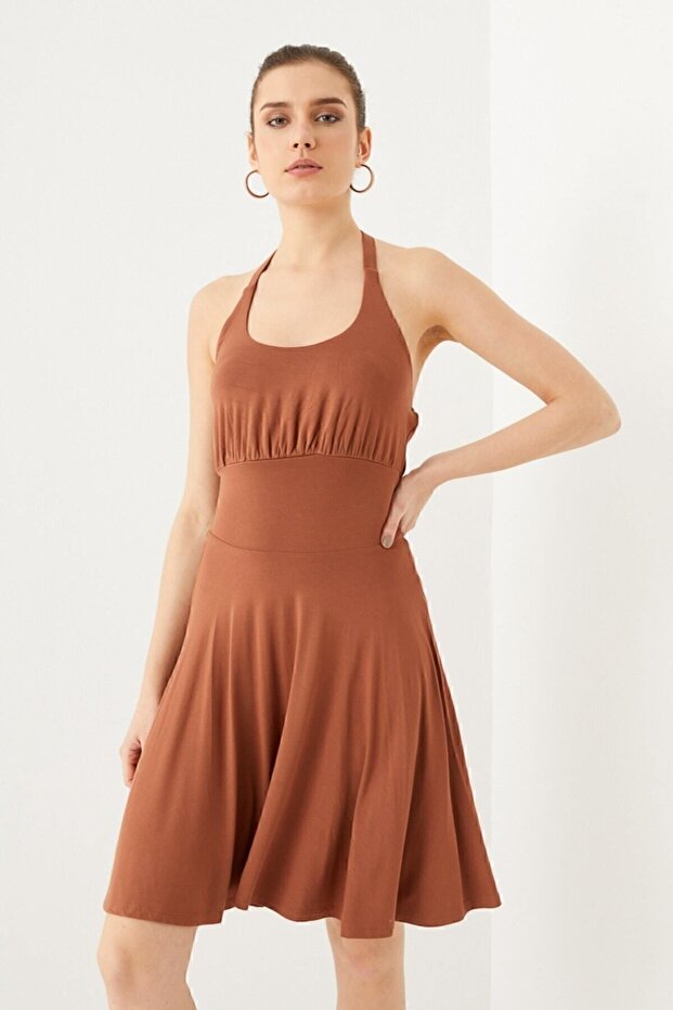 Taba Boyundan Bağlı Örme Elbise - 4