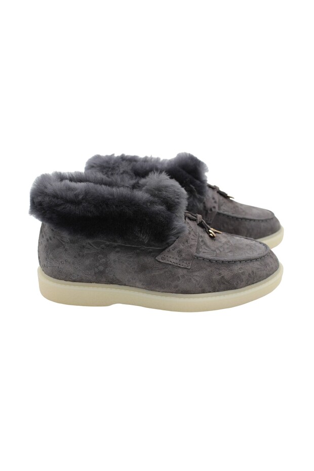 Genuine Leather Gray Suede and Gray Fur Gray Suede Daily Comfortable Women's Boots