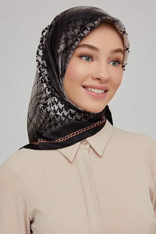 İpek Eşarp Nostalji - 8612-80 Siyah Krem Twill - 1