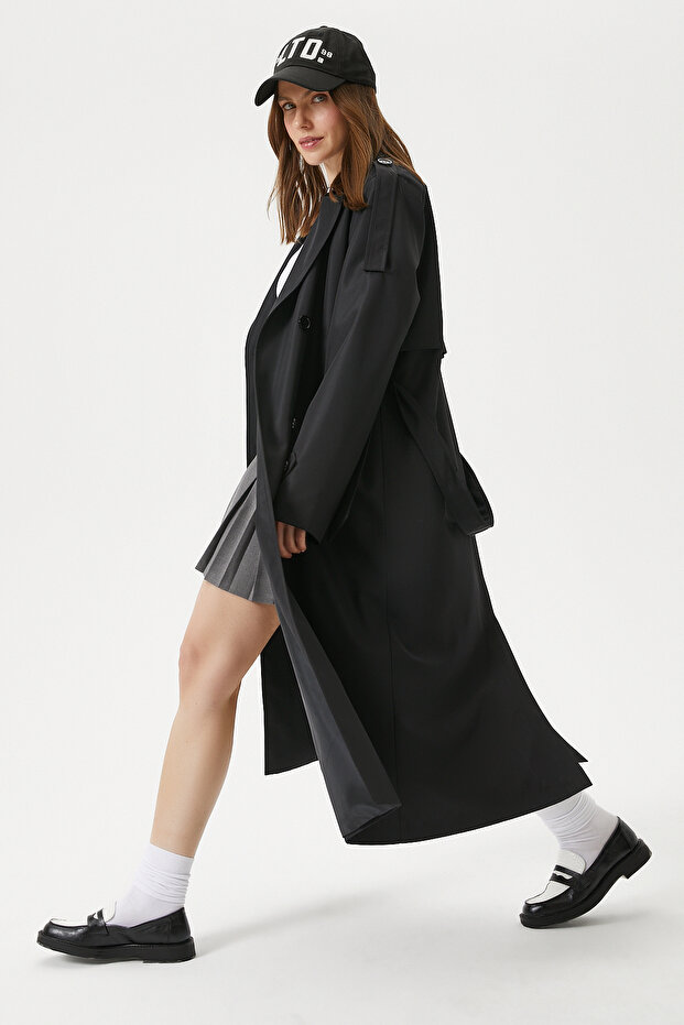 Women's Detroit Lined Epaulet Detailed Long Black Trench Coat