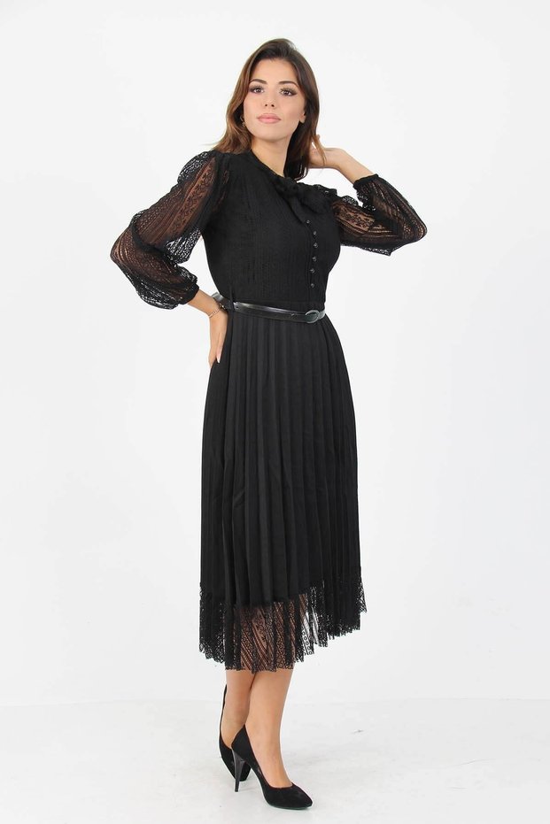 Women's Belted Neckline Tie-Up Detail Pleated Button Detail Bell Dress Dpapcx09