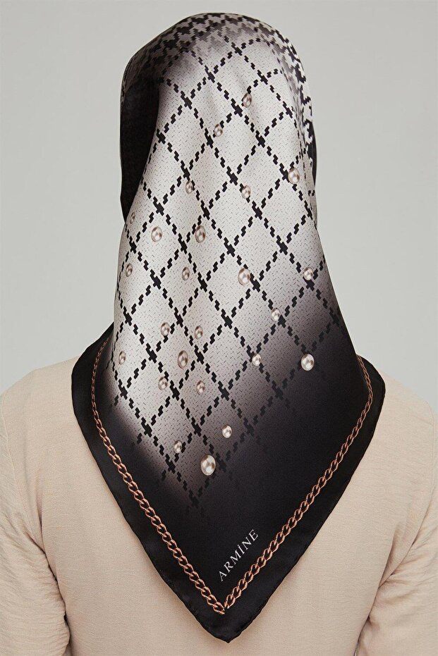 İpek Eşarp Nostalji - 8612-80 Siyah Krem Twill - 3