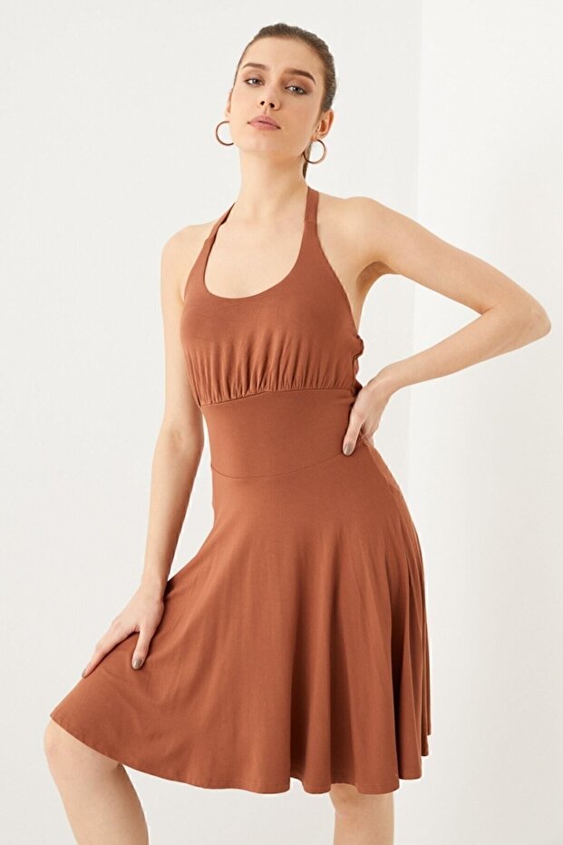 Taba Boyundan Bağlı Örme Elbise - 2