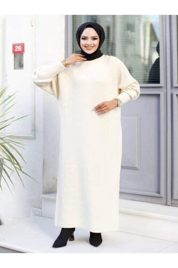 Women's Hijab Clothing Crew Neck and Balloon Sleeve Long Trend Stylish Knitwear Dress