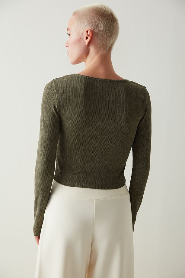 Koyu Yeşil Uzun Kollu Bisiklet Yaka Crop Bluz - 5