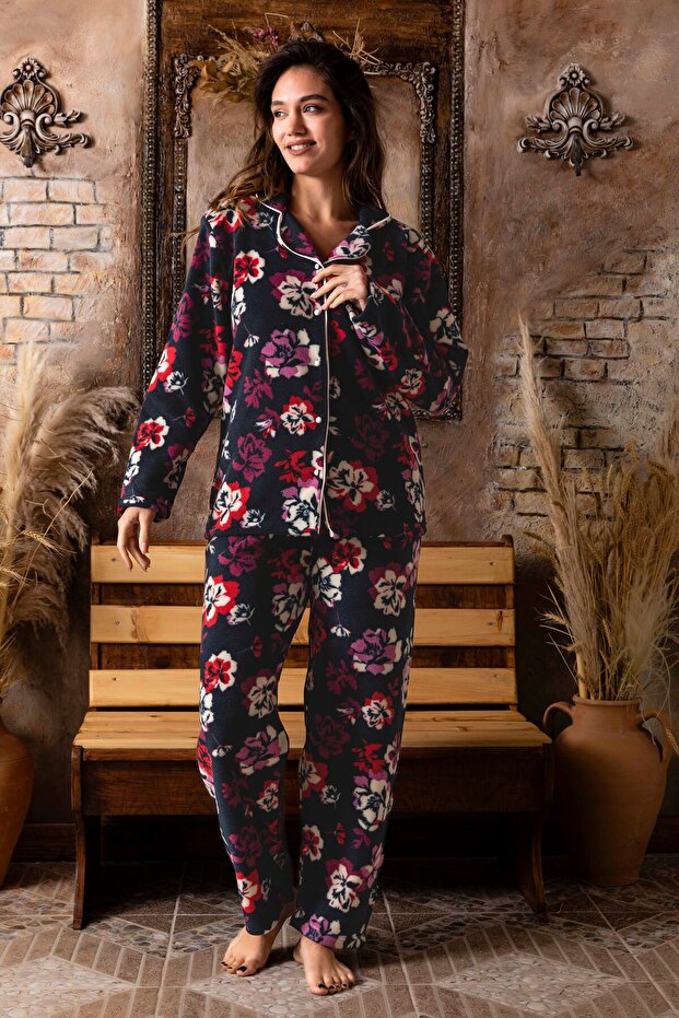 Women's Front Buttoned Long Sleeve Fleece Plush Winter Warm Pajamas Set