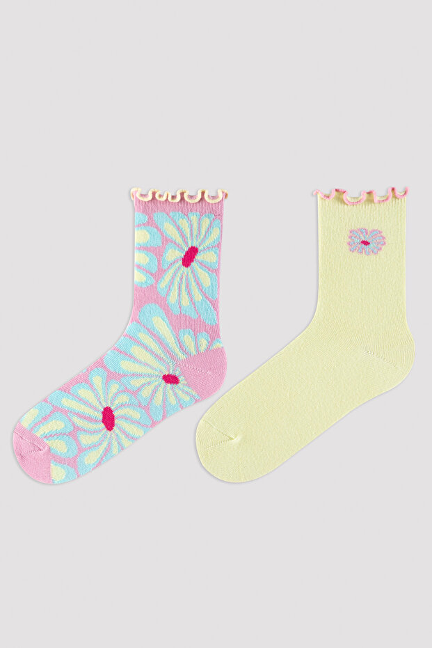 Girl's Floral Patterned 2-Piece Sock Socks