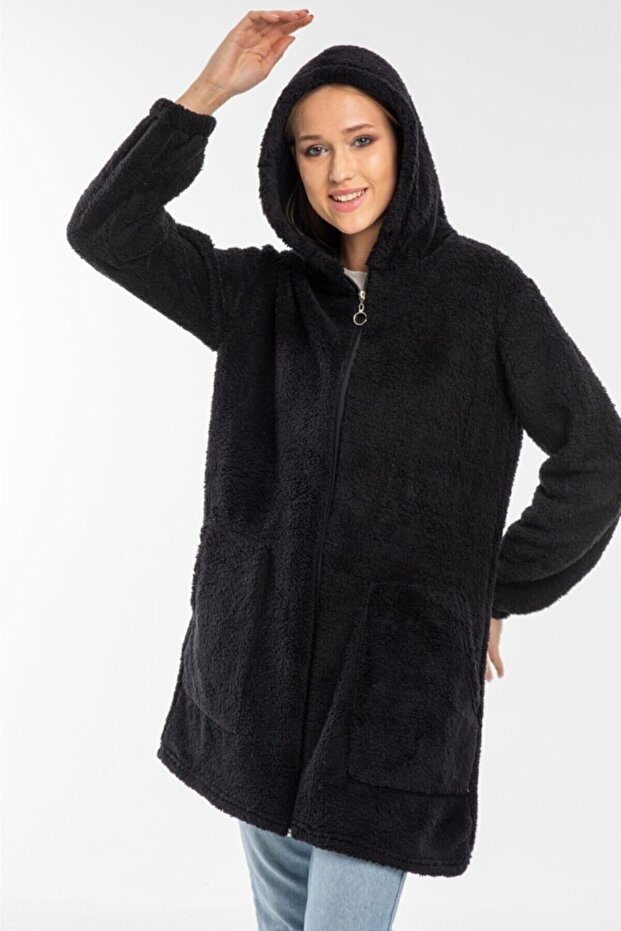 Női fekete hosszú cipzáras polár kardigán - 4