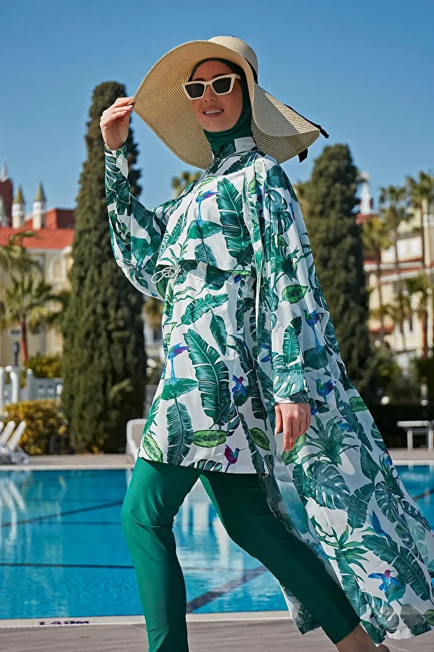 Remsa Tesettür Mayo Üzerine Tek Kaftan Kimono Pareo RP017 Yeşil Yapraklar - 4
