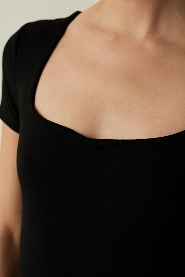 Siyah Square Neck Bodysuit - 2