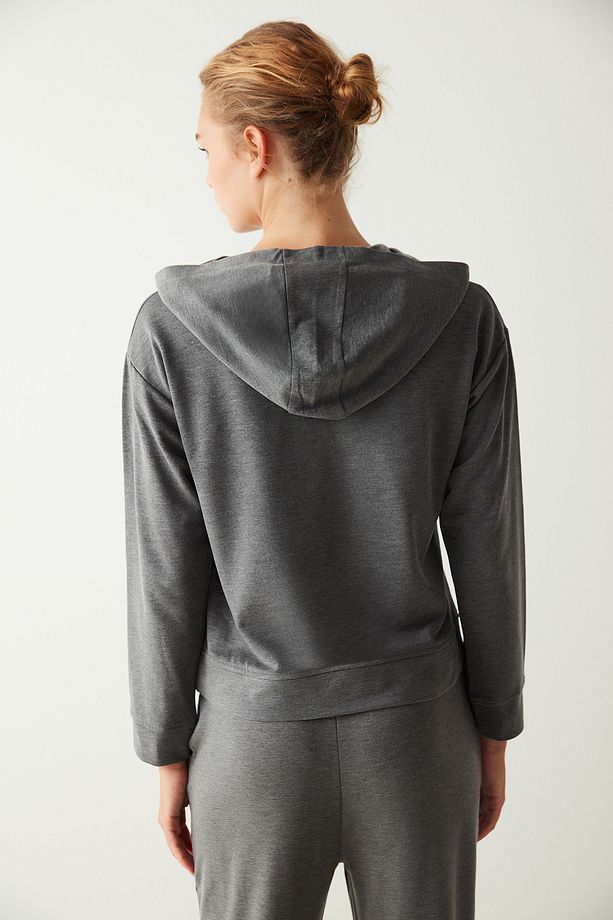 Koyu Gri Uzun Kollu Kapüşonlu Termal Sweatshirt - 4